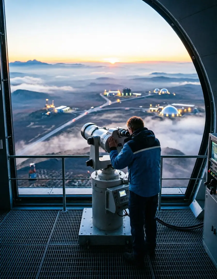 Researcher observing the horizon from a mountain observatory