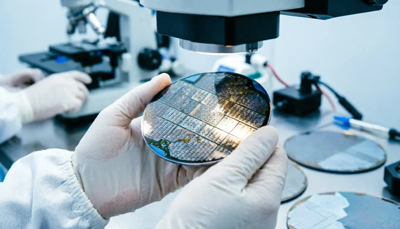 Researcher examining a semiconductor wafer in a laboratory